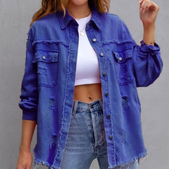 Jackets & Blazers - Blue Distressed Raw-Edge Oversize Shacket